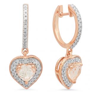 1.40 Carat (ctw) Rose Gold Plated Sterling Silver Heart Cut Morganite & Round Cut White Diamond Ladies Heart Dangling Drop Earrings