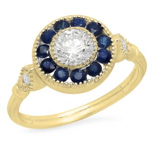1.20 Carat (ctw) 18K Yellow Gold Round Cut Blue Sapphire & White Diamond Ladies Bridal Halo Engagement Ring 1 1/4 CT