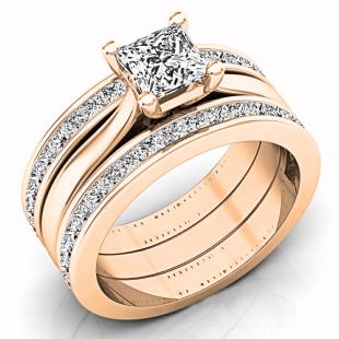 2.05 Carat (ctw) 18K Rose Gold Princess Cut White Diamond Ladies Bridal Engagement Ring Matching Band Set 2 CT