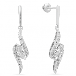 0.10 Carat (ctw) Sterling Silver Round Cut White Diamond Ladies Swirl Dangling Drop Earrings