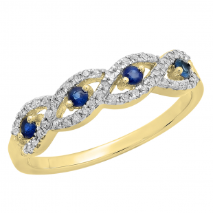 0.40 Carat (ctw) 18K Yellow Gold Round Blue Sapphire & White Diamond Ladies Bridal Stackable Anniversary Wedding Band Swirl Ring