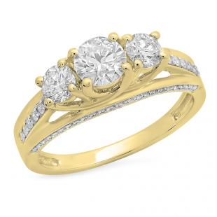 1.40 Carat (ctw) 14K Yellow Gold Round White Diamond 3 Stone Ladies Promise Bridal Engagement Ring