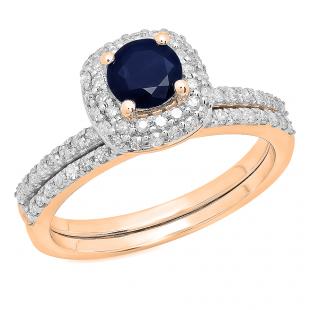 1.40 Carat (ctw) 18K Rose Gold Round Cut Blue Sapphire & White Diamond Ladies Bridal Halo Engagement Ring With Matching Band Set