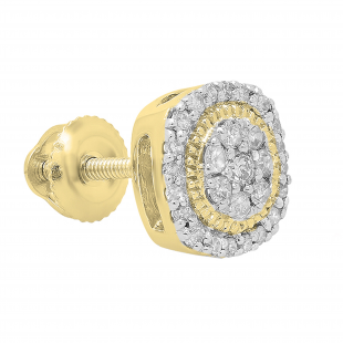 0.15 Carat (ctw) Round White Diamond Cushion Shape Frame Floral Cluster (1Pc) Stud Earring for Women | 10K Yellow Gold