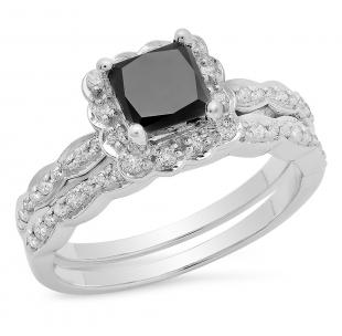 1.80 Carat (ctw) 18K White Gold Princess & Round Cut Black & White Diamond Ladies Bridal Halo Style Engagement Ring Set With Matching Band