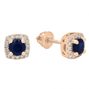 0.85 Carat (ctw) 18K Rose Gold Round Cut Blue Sapphire & White Diamond Ladies Halo Stud Earrings