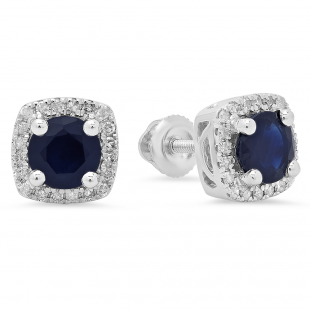 1.60 Carat (ctw) 14K White Gold Round Cut Blue Sapphire & White Diamond Ladies Halo Stud Earrings
