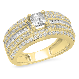 2.60 Carat (ctw) 18K Yellow Gold Princess Baguette & Round White Cubic Zirconia CZ  Ladies Milgrain Halo Style Bridal Engagement Ring