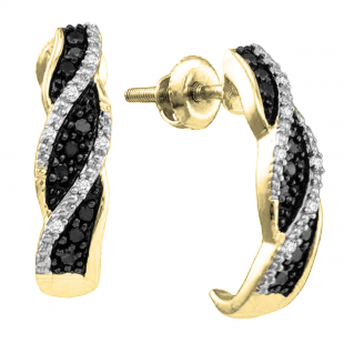 0.20 Carat (ctw) 18K Yellow Gold Round Black & White Diamond Ladies Hoop Earrings 1/5 CT