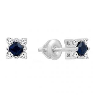 0.35 Carat (ctw) 18K White Gold Princess Cut Blue Sapphire And Round White Diamond Ladies Square Shape Stud Earrings 1/3 CT