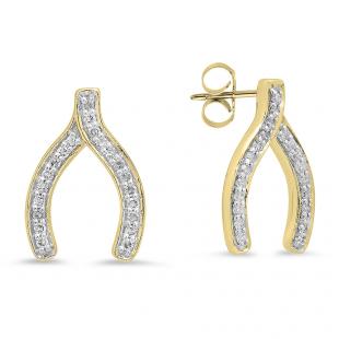 0.20 Carat (ctw) 10K Yellow Gold Round White Diamond Ladies Fashion Wishbone Stud Earring 1/5 CT