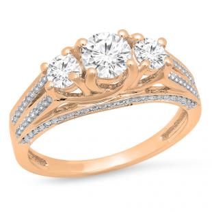1.15 Carat (ctw) 18K Rose Gold Round Diamond Ladies Vintage Bridal 3 Stone Engagement Ring