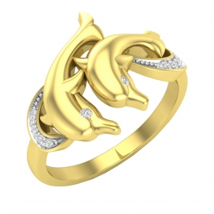 0.07 Carat (ctw) 14K Yellow Gold Round White Diamond Ladies Cocktail Right Hand Dolphin Ring