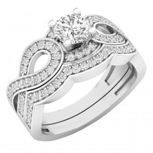 1.00 Carat (ctw) 14K White Gold Round Cut White Cubic Zircona Ladies Bridal Swirl Split Shank Engagement Ring With Matching Band Set