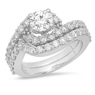 2.10 Carat (ctw) 14K White Gold Round White Diamond Ladies Swirl Bridal Engagement Ring Matching Band Set