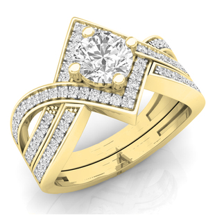 1.20 Carat (ctw) 14K Yellow Gold Round Cut White Cubic Zircona Ladies Bridal Swirl Split Shank Engagement Ring With Matching Band Set