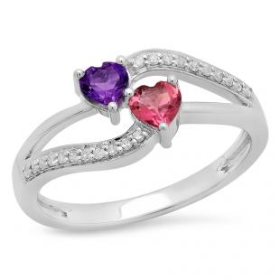 0.60 Carat (ctw) 14K White Gold Heart Cut Amethyst & Tourmaline & Round Cut White Diamond Ladies Bridal Double Heart Promise Ring