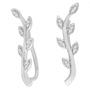 0.10 Carat (ctw) 10K White Gold Round Cut White Diamond Ladies leaf shaped Climber Earrings 1/10 CT