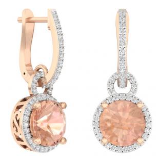 4.20 Carat (ctw) 18K Rose Gold Round Cut Morganite & White Diamond Ladies Dangling Drop Earrings