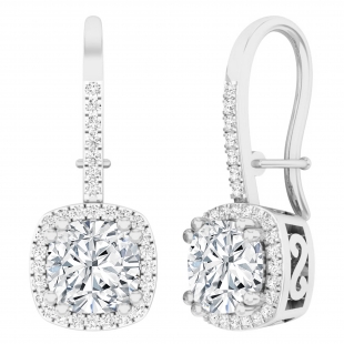 2.26 Carat Cushion & Round Cubic Zirconia Double Prong French Wire Drop Earrings, 925 Sterling Silver 