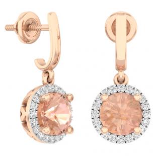 1.80 Carat (ctw) 10K Rose Gold Round Cut Morganite & White Diamond Ladies Dangling Drop Earrings 1 3/4 CT