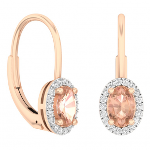 1.20 Carat (ctw) 10K Rose Gold Oval Morganite & Round White Diamond Ladies Dangling Drop Earrings 1 1/5 CT