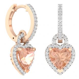 2.50 Carat (ctw) 18K Rose Gold Heart Cut Morganite & Round Cut White Diamond Ladies Heart Dangling Drop Earrings 2 1/2 CT