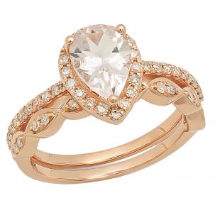 1.70 Carat (ctw) 14K Rose Gold Pear Cut Morganite & Round Cut White Diamond Ladies Bridal Halo Engagement Ring With Matching Band Set