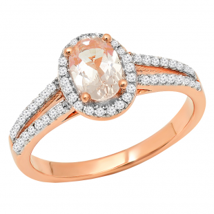0.85 Carat (ctw) 14K Rose Gold Oval Cut Morganite & Round Cut White Diamond Ladies Split Shank Bridal Halo Engagement Ring