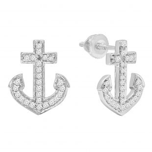 0.32 Carat (ctw) 18K White Gold Round Cut White Diamond Ladies Anchor Stud Earrings 1/3 CT