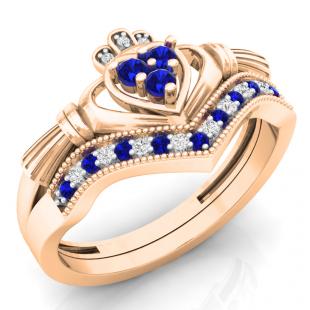 0.25 Carat (ctw) 18K Rose Gold Round Cut White Diamond & Blue Sapphire Ladies Bridal Irish Love & Friendship Heart Shape Engagement Ring Set 1/4 CT