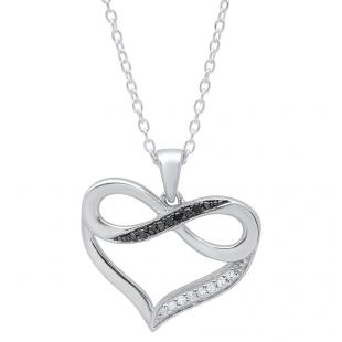 0.10 Carat (ctw) Sterling Silver Round Black & White Diamond Ladies Infinity Heart Pendant (Silver Chain Included) 1/10 CT