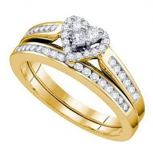 0.48 Carat (ctw) 10K Yellow Gold Round Cut White Diamond Ladies Heart Shaped Bridal Engagement Ring With Matching Band Set 1/2 CT