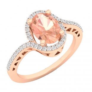 18K Rose Gold 8X6 MM Oval Cut Morganite & Round Cut Diamond Bridal Halo Style Engagement Ring