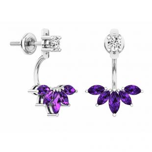 Sterling Silver Marquise Amethyst & Round White Diamond Ladies Stud Earrings Jackets Set