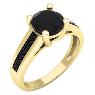 1.50 Carat (ctw) 18K Yellow Gold Round Cut Black Diamond Ladies Bridal Solitaire With Accents Engagement Ring