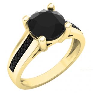 2.40 Carat (ctw) 10K Yellow Gold Round Cut Black Diamond Ladies Bridal Solitaire With Accents Engagement Ring