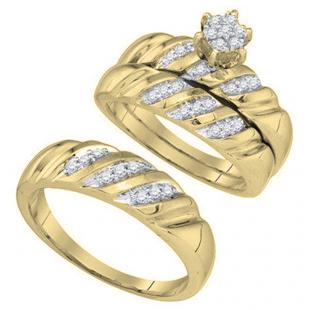 0.35 Carat (ctw) 18K Yellow Gold Round Cut Diamond Men And Women's Engagement Ring Trio Bridal Set 1/3 CT