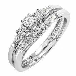 0.38 Carat (ctw) 14K White Gold Round & Baguette Cut Diamond Ladies Bridal Engagement Ring Set