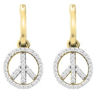 0.30 Carat (ctw) 10K Yellow Gold Round White Diamond Ladies Micro Pave Peace Sign Drop Earrings 1/3 CT