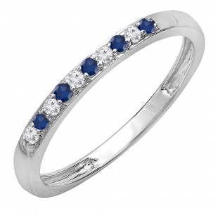 Round Blue Sapphire & White Diamond Alternate Stone Wedding Band for Women (0.06 ctw, Color I-J, Clarity I1-I2) in 14K White Gold