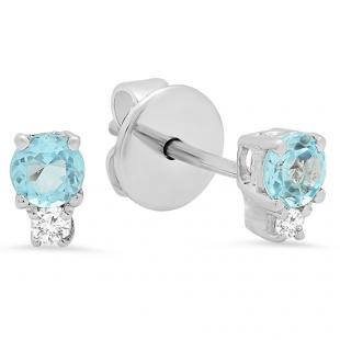 0.26 Carat (ctw) 10K White Gold Round Cut Blue Topaz & White Diamond Ladies Stud Earrings