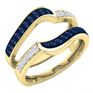 0.45 Carat (ctw) 10K Yellow Gold Round Blue Sapphire & White Diamond Ladies Anniversary Wedding Band Guard Double Ring
