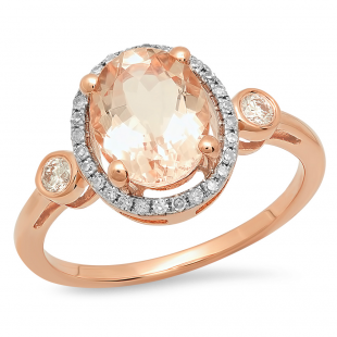 2.10 Carat (ctw) 18K Rose Gold Oval Cut Morganite & Round Cut White Diamond Ladies Bridal Halo Engagement Ring