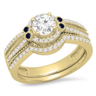 1.05 Carat (ctw) 10K Yellow Gold Round White And Blue Sapphire Ladies Halo Style Bridal Engagement Ring With Matching BAnd Set 1 CT