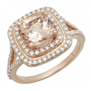 2.00 Carat (ctw) 14K Rose Gold Cushion Cut Morganite and Round Cut White Diamond Ladies Split Shank Halo Bridal Engagement Ring 2 CT