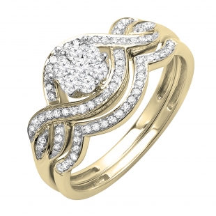 0.50 Carat (ctw) 10K Yellow Gold Round Cut Diamond Ladies Bridal 7 Stone Cluster Center Engagement Ring With Matching Band Set 1/2 CT