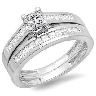 1.00 Carat (ctw) 14K White Gold Princess Diamond Ladies Bridal Engagement Ring Set Matching Band 1 CT
