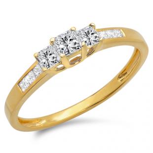 0.48 Carat (ctw) 10K Yellow Gold Princess Cut Diamond Ladies 3 Stone Bridal Engagement Ring 1/2 CT