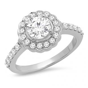 1.40 Carat (ctw) 14K White Gold Round Cut White Sapphire & White Diamond Ladies Halo Style Bridal Engagement Ring 1 CT